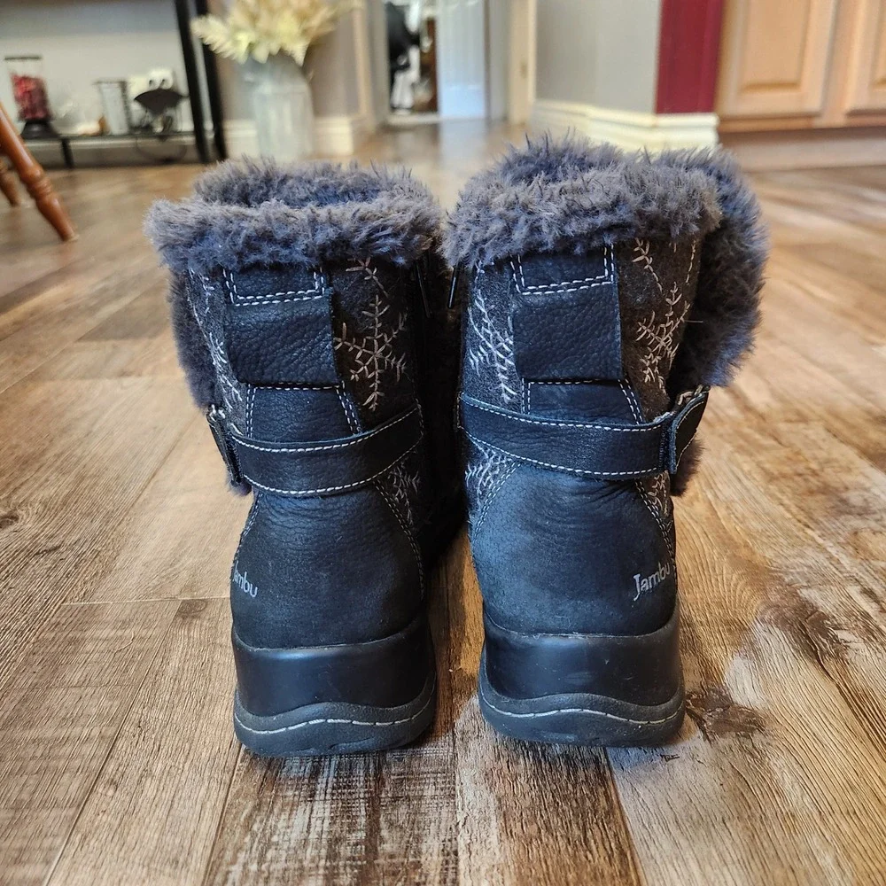 Jambu Womens Black Leather Faux Fur Lined Snowflake Embroidered  Ankle Boots 8